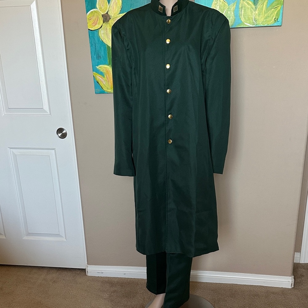 Elegant Dark Green Long Coat with Gold Buttons and matching pants